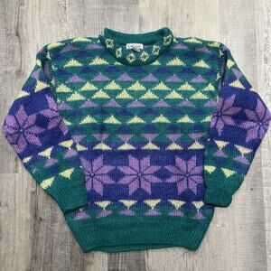VTG Gallagher 80s Mohair Geometric Print Snowflake Green Purple Sweater Size S